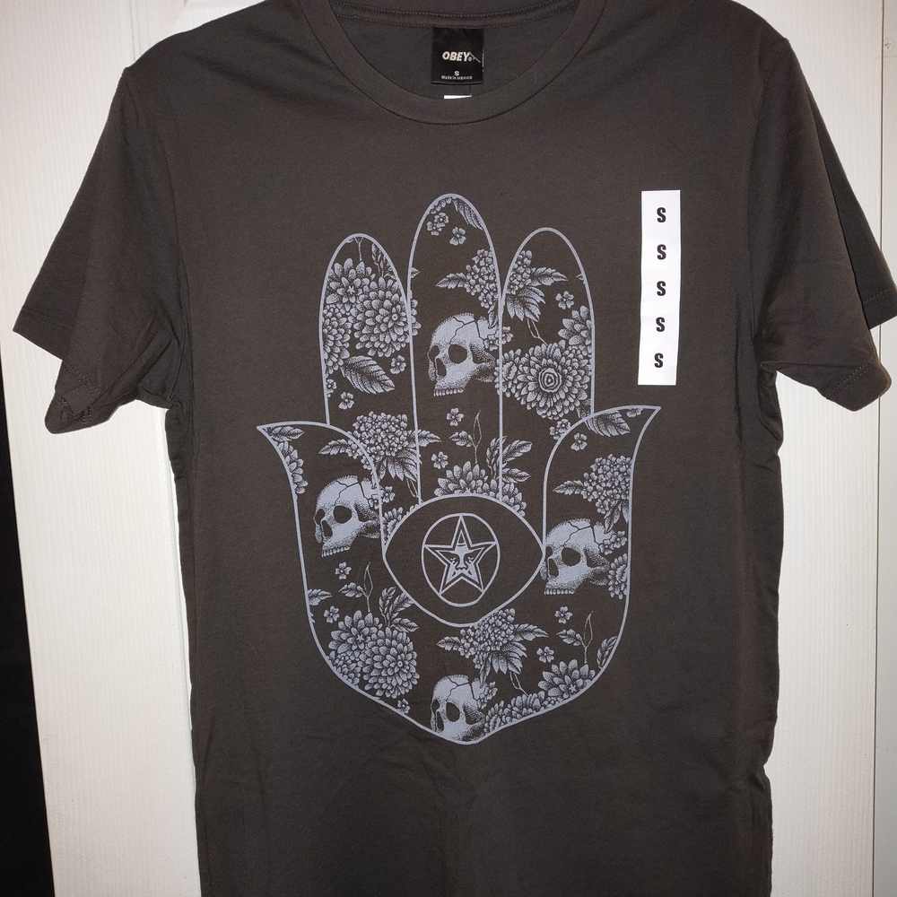 Obey Charcoal T-Shirt with Hand and Skull Design